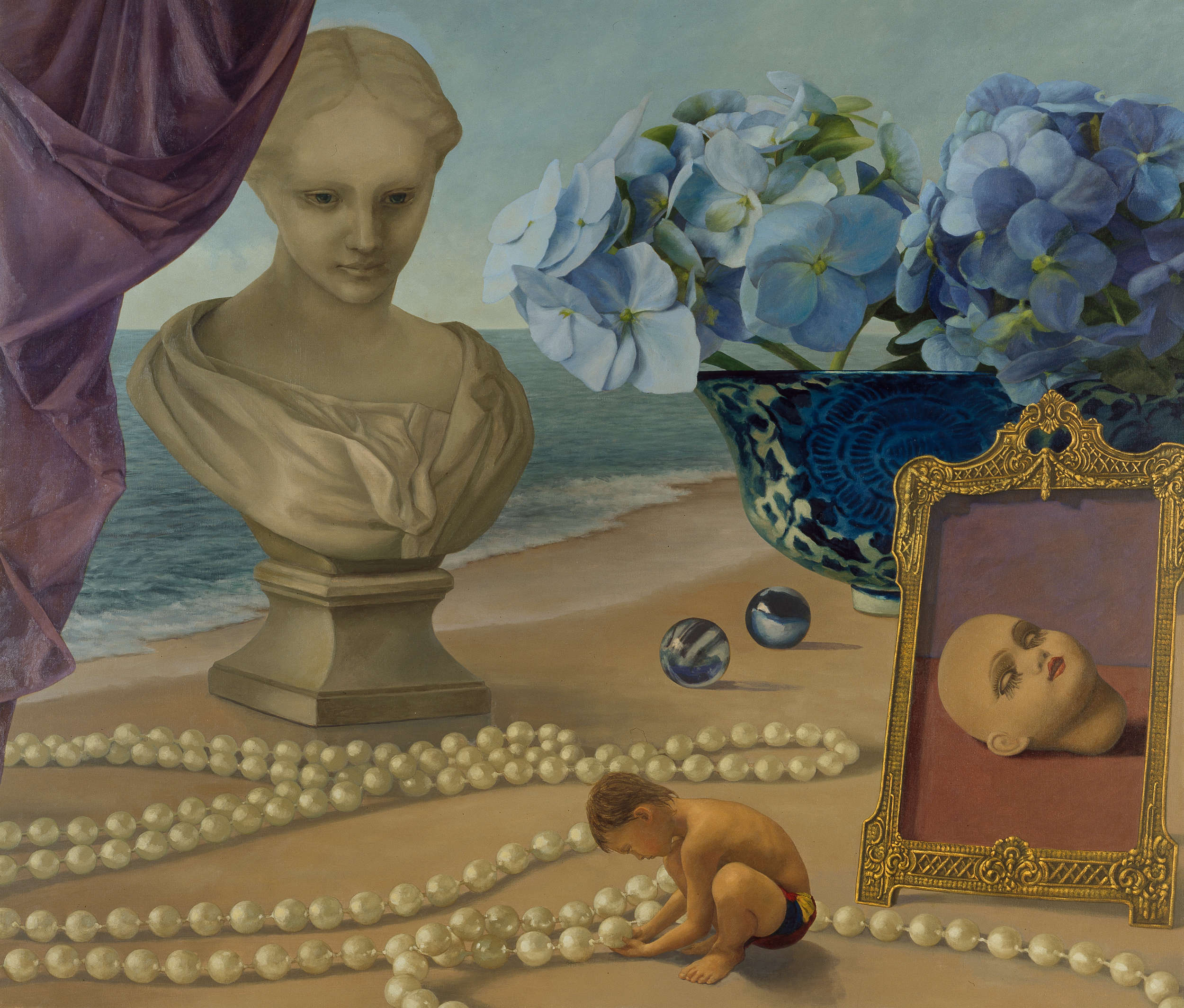 little boy on beach, giant string of pearls, giant hydrangeas in bowl, bust of virgin like woman's face, marbles, gold carved frame, dolls head