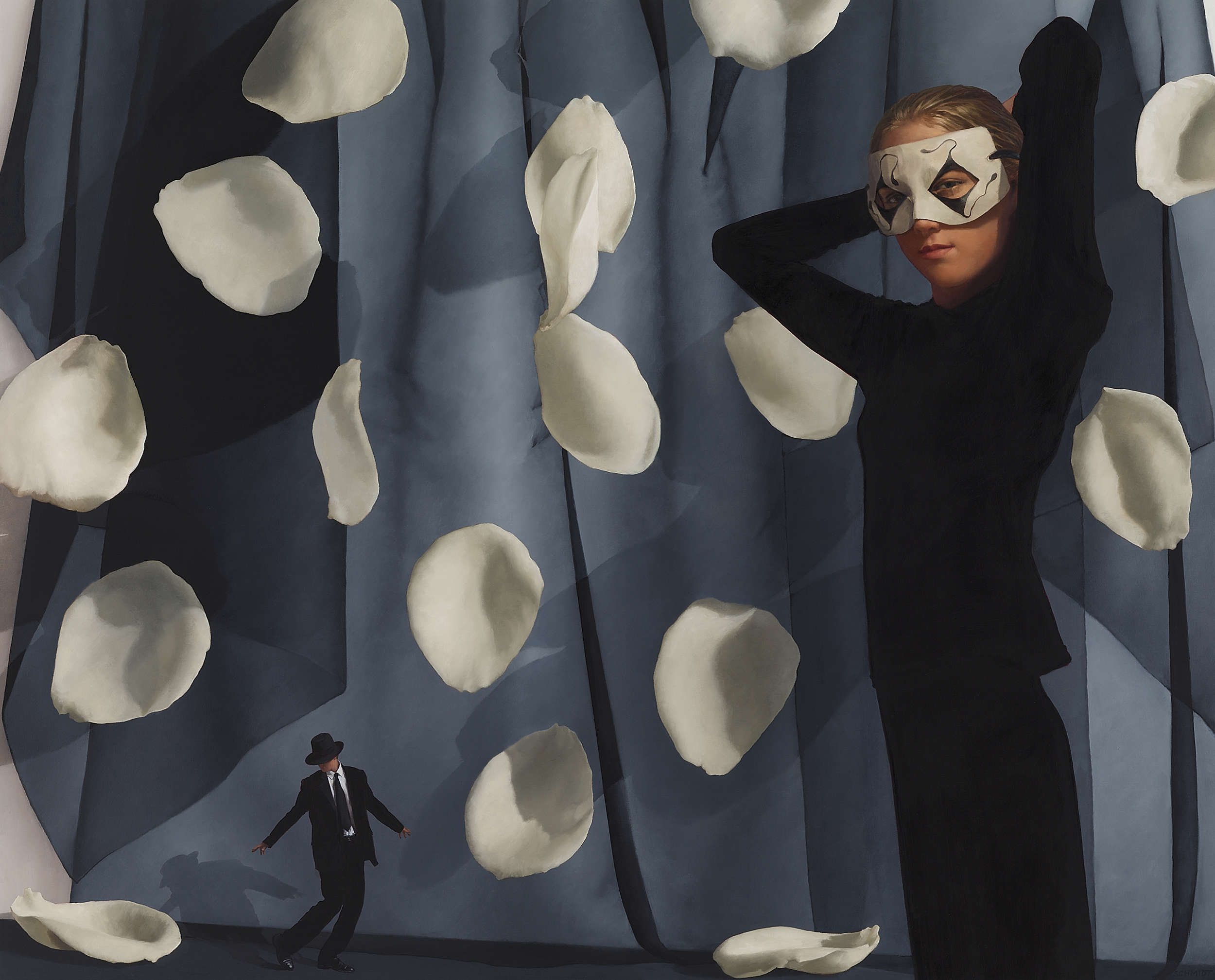 female figure dressed in black (Sophie) surrounded by falling white rose petals, black transparent fabric behind