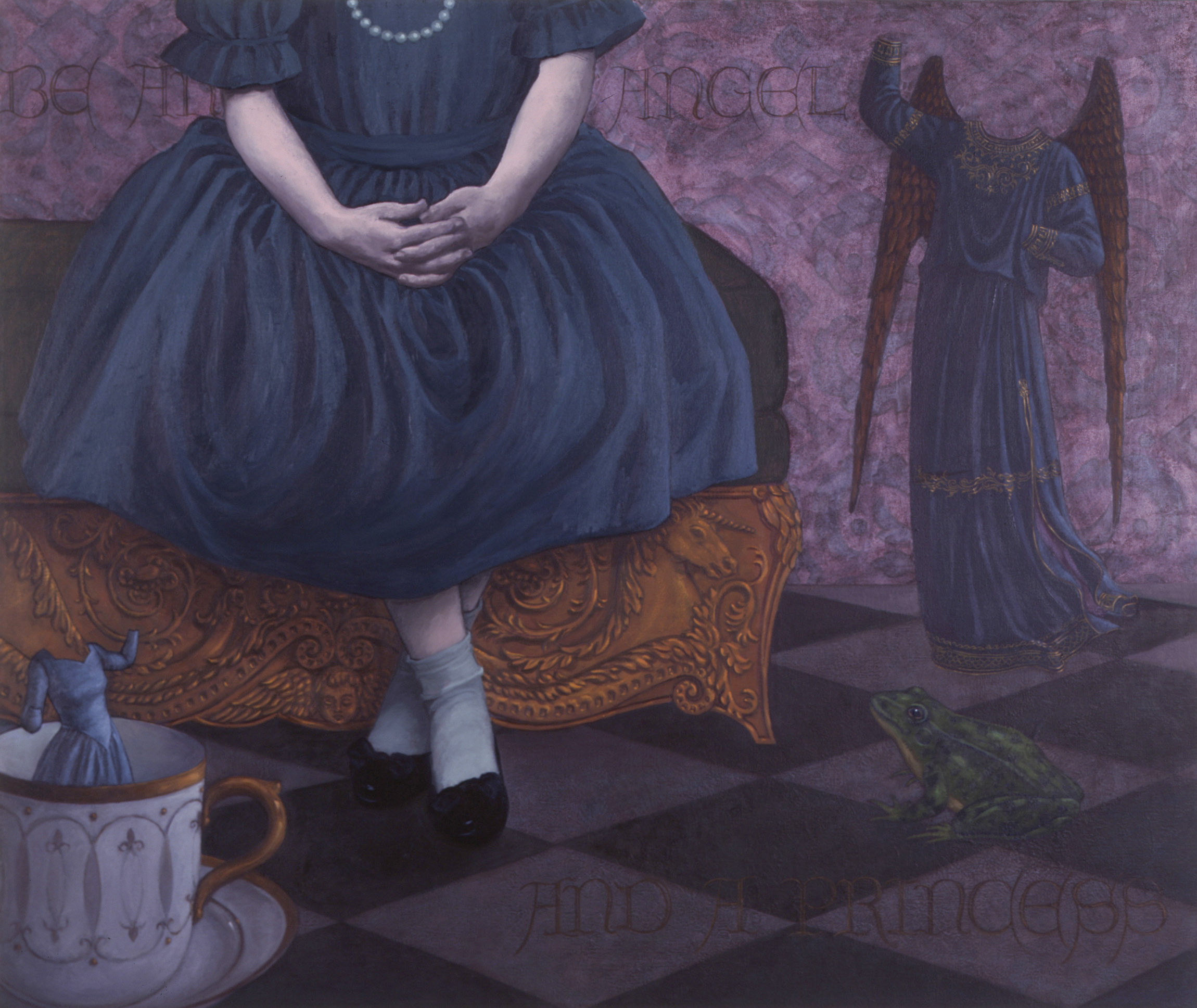 little girl, hands folded, behaving, a frog, a thumbelina figure, headless, angel, 